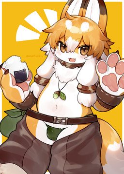4_fingers :3 accessory anthro armband asian_clothing bag belt biped blush border bottomwear brown_bottomwear brown_claws brown_clothing brown_ear_tips brown_ears brown_eyes brown_pants bulge chaps chest_tuft choker claws clothed clothing countershade_arms countershade_face countershade_fur countershade_hands countershade_legs countershade_torso countershading cute_fangs detailed_bulge dipstick_ears dipstick_tail ear_markings east_asian_clothing emanata fangs finger_claws fingerpads fingers food front_view fundoshi fur genital_outline gesture glistening glistening_eyes glistening_hair glistening_pawpads green_clothing green_fundoshi green_underwear hair hair_accessory hair_ring holding_food holding_object japanese_clothing jewelry kemono long_hair looking_at_viewer male markings multicolored_ears multicolored_hair multicolored_tail navel neck_tuft necklace onigiri open_:3 open_mouth open_smile orange_background orange_body orange_ears orange_fur orange_hair orange_tail pants pawpads paws pendant penis_outline pigtails pink_pawpads pink_tongue rice shota simple_background slightly_chubby slightly_chubby_male smile solo standing tail tail_markings teeth tongue topless topless_anthro topless_male tuft two_tone_hair two_tone_tail underwear waving waving_at_viewer white_body white_border white_countershading white_hair white_inner_ear white_tail white_tail_tip young young_anthro young_male mofuaki inari_(mofuaki) canid canine fox mammal 2014 colored digital_media_(artwork) hi_res portrait shaded three-quarter_portrait