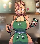 anthro apron apron_only areola areola_slip big_breasts breasts clothed clothing container cup female hair holding_container holding_cup holding_object holding_pen huge_breasts mostly_nude pen ponytail question_mark solo thick_thighs wide_hips conditional_dnp remanedur i_mean_breast_milk minami_(remanedur) canid canine canis domestic_dog mammal shiba_inu spitz meme