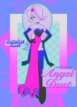 4_arms chest_tuft choker clothed clothing crossdressing drag_queen dress jewelry multi_arm multi_limb necklace pink_clothing pink_dress solo text tuft wig enaic31 hazbin_hotel hellaverse angel_dust arachnid arthropod demon humanoid spider absurd_res character_name copyright_name hi_res