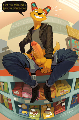 anthro balls black_nose bodily_fluids bottomwear clothing detailed_background dialogue erection fangs fingers fur genital_fluids genitals glans humanoid_genitalia humanoid_penis looking_at_viewer male penis precum smile solo teeth topwear yellow_body yellow_fur twang night_in_the_woods gregg_lee canid canine canis domestic_dog fox mammal hi_res