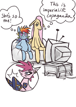 anthro electronics facial_tattoo female furniture group ponification smile snout sofa tattoo television thought_bubble toony trio wings bimtimtom arcane_(tv_series) friendship_is_magic hasbro league_of_legends my_little_pony mythology riot_games tencent fluttershy_(mlp) rainbow_dash_(mlp) vi_(lol) equid equine horse mammal mythological_creature mythological_equine pegasus pony hi_res
