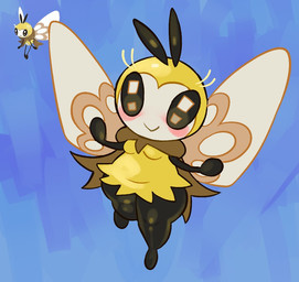 antennae_(anatomy) anthro big_butt black_body black_eyes blonde_eyelashes blush blush_stickers breasts butt closed_smile eyelashes featureless_feet featureless_hands feet female insect_wings long_eyelashes mouth_closed multicolored_body navel non-mammal_breasts overweight overweight_anthro overweight_female pupils shortstack shortstack_female simple_background small_breasts smile solo thick_thighs white_face white_pupils wide_hips wings yellow_body vitreousglassy nintendo pokemon arthropod generation_7_pokemon pokemon_(species) ribombee 2026 reference_image