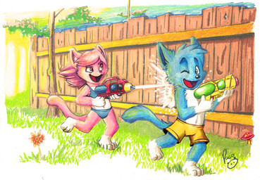 anthro bikini blue_bikini blue_clothing blue_eyes blue_swimwear clothed clothing duo female fence grass hair head_tuft holding_object holding_toy holding_toy_gun holding_water_gun logo male one_eye_closed open_mouth open_smile pink_eyes pink_hair plant playful red_tongue smile splash swimming_trunks swimwear tongue topless toy toy_gun tuft two-piece_swimsuit water_gun yellow_clothing yellow_swimming_trunks yellow_swimwear young young_anthro young_female young_male pandapaco canid canine felid mammal absurd_res artist_logo hi_res signature