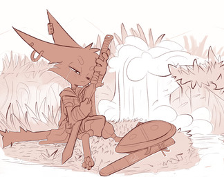 anthro big_ears biped bodily_fluids cape cheek_tuft clothed clothing crying digitigrade ear_piercing ear_ring eyebrows facial_tuft half-closed_eyes holding_melee_weapon holding_object holding_sword holding_weapon male melee_weapon narrowed_eyes outside pawpads piercing ring_piercing shield sitting sword tears tuft weapon galo domestic_cat felid feline felis mammal 2024 hi_res