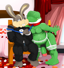 accessory anthro barefoot bed black_tie_(suit) blush bottle bottomwear buckteeth bulge champagne_bottle clothed clothing cock_ring collar container dominant dominant_male duo erection feet foreskin formal fully_clothed furniture garter_belt garter_straps genitals humanoid_genitalia humanoid_penis jewelry kissing knock-kneed leash leash_pull looking_away male male/male mostly_nude open_bottomwear open_clothing open_pants overweight overweight_male pants penis penis_accessory penis_jewelry plantigrade retracted_foreskin sitting standing submissive submissive_male suit teeth wedding redemption3445 nintendo star_fox peppy_hare slippy_toad lagomorph leporid mammal rabbit
