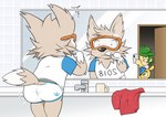 anthro blue_seam_underwear briefs brush brushing brushing_teeth clothing colored_seam_underwear electronics embarrassed eyewear goggles male mascot phone taking_picture underwear young young_anthro young_male inuwanko fifa fuleco zabivaka zakumi canid canine canis mammal wolf