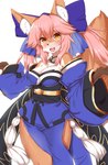 accessory alternate_species anthro big_breasts blush bow_(feature) bow_accessory bow_ribbon breasts brown_body brown_fur centered_hair_bow cleavage clothed clothing cute_fangs fangs female female_anthro fur hair hair_accessory hair_bow hair_ribbon inner_ear_fluff kemono multicolored_body multicolored_fur open_mouth pink_hair ribbons smile solo teeth tongue tuft two_tone_body two_tone_fur white_body white_fur yellow_eyes horokusa0519 fate_(series) type-moon caster_tamamo-no-mae canid canine fox mammal 2021 digital_media_(artwork) hi_res