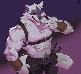 abs anthro arm_wrapping arm_wraps bandage barazoku belt body_hair bottomwear chest_strap claws clothed clothing facial_markings fangs fur fuzzy happy_trail harness head_markings high-angle_view looking_at_viewer male markings mask_(marking) muscular muscular_anthro muscular_male open_mouth open_smile pants partially_clothed pecs pubes raised_arm red_eyes shirtless simple_background smile solo standing tail teeth white_body white_fur wrapped_arms wraps bey_293821 dreamworks puss_in_boots_(franchise) death_(puss_in_boots) canid canine canis mammal wolf hi_res