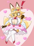 accessory anthro big_breasts blush bodily_fluids breasts brown_body brown_fur cleavage clothed clothing dipstick_ears dipstick_tail dress_shoes ear_markings eyebrow_through_hair eyebrows eyelashes fangs female frilly frilly_clothing frilly_legwear frilly_thigh_highs fur furgonomics gem gloves_(marking) hair hair_accessory hairband heart_background heart_symbol huge_breasts inner_ear_fluff lace legwear markings multicolored_ears open_mouth orange_body orange_fur pink_clothing short_stack simple_background snout solo sweat sweatdrop tail tail_accessory tail_markings teeth thick_thighs thigh_highs translucent translucent_hair tuft wardrobe_malfunction white_body white_clothing white_fur wide_hips mush_tewi mahou_shoujo_full_heart kokon canid canine fox mammal 2025 3:4 hi_res