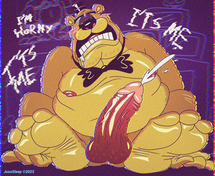 anthro aroused balls belly blush bow_tie ejaculation feet genitals looking_pleasured lying male moobs nude office overweight penis solo jusosleep five_nights_at_freddy's scottgames golden_freddy_(fnaf) bear mammal hi_res