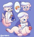anthro apron bakery bear bimbo_(bakery) bimbo_bear clothing cum_request erection fur hi_res insemination_request male mammal mascot one_eye_closed paws requesting slightly_chubby slightly_chubby_male solo spread_legs spreading white_body white_fur wimbocs wink