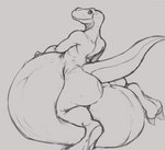 anthro belly big_belly big_butt biped bloated butt claws female huge_belly hyper hyper_belly inflation looking_at_viewer looking_back nude resting_on_belly solo susfishous heather_(susfishous) dinosaur prehistoric_species reptile scalie monochrome