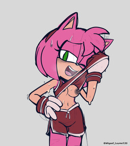 anthro areola athletic_wear bodily_fluids bottomwear breasts clothed clothing erect_nipples female fur gloves green_eyes gym_bottomwear gym_shorts hair half-closed_eyes handwear medium_breasts narrowed_eyes navel nipples one_eye_closed open_mouth pink_body raised_clothing raised_shirt raised_tank_top raised_topwear shirt shorts simple_background solo standing sweat sweatdrop sweaty_body sweaty_breasts tank_top topwear miguel_layme sega sonic_the_hedgehog_(series) amy_rose eulipotyphlan hedgehog mammal digital_media_(artwork) hi_res