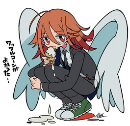 clothed clothing dessert feathered_wings feathers food footwear ice_cream male melting_ice_cream necktie not_furry shoes simple_background sneakers solo suit text white_background wings kanekoshake chainsaw_man angel_devil angel angel_humanoid humanoid hi_res japanese_text translation_request