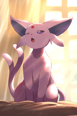 ambiguous_gender animal_ears detailed_background eyebrows feral forehead_gem forked_tail front_view fur gem inside one_eye_closed open_mouth purple_body purple_eyes quadruped sitting solo tail thick_thighs unusual_anatomy unusual_tail rumine nintendo pokemon eeveelution espeon generation_2_pokemon pokemon_(species) 2:3 hi_res