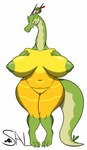 anthro areola big_breasts breasts digitigrade female genitals green_areola green_body green_nipples green_scales hand_on_chest huge_breasts navel nipples nude pussy scales simple_background smile solo thick_thighs white_background white_eyes wide_hips yellow_body yellow_scales yellow_sclera salandile nintendo pokemon generation_9_pokemon hydrapple pokemon_(species) scalie shiny_pokemon absurd_res hi_res