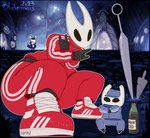 bottomwear clothing crossed_arms crouching devil_horns_(gesture) double_devil_horns_(gesture) duo footwear gesture gopnik hand_gesture pants posing_for_picture shoes slav_squat sneakers sweatpants sweatshirt tracksuit bludermaus adidas hollow_knight team_cherry elderbug_(hollow_knight) hornet_(hollow_knight) the_knight_(hollow_knight) arthropod vessel_(species) 2023