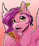 bodily_fluids chest_tuft dessert doughnut female food green_eyes hair headpiece licking_food looking_at_viewer open_mouth outstretched_arm pastry purple_hair saliva selfie solo tongue tongue_out tuft wings unfinishedheckery hasbro mlp_g5 my_little_pony mythology pipp_petals_(mlp) equid equine mammal mythological_creature mythological_equine pegasus absurd_res hi_res