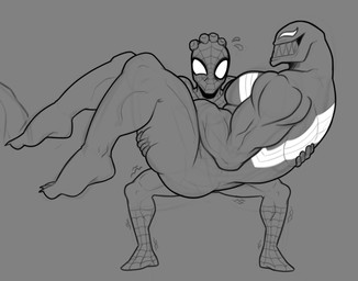 big_muscles carrying_another clothing costume duo emblem male muscular not_furry sharp_teeth smile teeth dummydurzz marvel spider-man_(series) peter_parker spider-man_(character) venom_(marvel) alien alien_humanoid human humanoid mammal symbiote digital_media_(artwork) hi_res monochrome