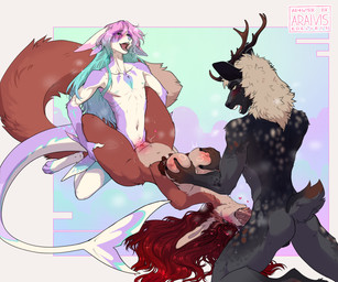 anthro anthro_on_anthro anthro_penetrated anthro_penetrating anthro_penetrating_anthro antlers areola balls biped blush breasts butt claws countershade_torso countershading erection feet fellatio female female_penetrated fingers fur genitals group hair horn male male/female male_penetrating male_penetrating_female navel nipples nude nude_anthro nude_female nude_male oral penetration penile penile_penetration penis penis_in_mouth penis_in_vagina sex smile tail teeth toes tongue trio vaginal vaginal_penetration araivis-edelveys angell_(angellsview3) canid canine deer fox mammal 2026 6:5 absurd_res digital_drawing_(artwork) digital_media_(artwork) hi_res