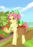 accessory bag blue_eyes bow_ribbon female feral food fruit hair_accessory hair_bow hair_ribbon hooves jewelry necklace plant ribbons saddle_bag solo tomato tomato_plant yellow_body aztrial hasbro mlp_g5 my_little_pony posey_(g5) earth_pony equid equine horse mammal pony