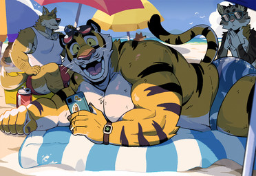 anthro areola barazoku beach beach_towel beach_umbrella beverage_can biceps big_muscles butt cellphone claws clock clothed clothing cloud cooler day detailed_background ear_piercing ear_ring electronics eyebrows eyewear eyewear_on_head fur group happy holding_object holding_phone huge_muscles kemono looking_at_another looking_at_viewer lying male muscular muscular_anthro muscular_male narrowed_eyes nipples on_front open_mouth open_smile outside parasol pecs phone piercing ring_piercing sand seaside shirt sitting sky smartphone smile speedo sticker stripes summer sunglasses sunglasses_on_head swimwear tank_top teeth thick_arms thick_thighs tongue topless topless_anthro topless_male topwear towel trio tuft watch water whiskers gh0stfood toby_(gh0stfood) ambient_flier canid canine canis domestic_cat felid feline felis mammal pantherine tiger wolf 2025