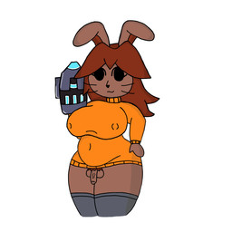 anthro arm_cannon big_breasts bottomless breasts clothed clothing female genitals gynomorph intersex legwear nipples penis pubes rabbit_ears smile solo sweater thick_thighs thigh_highs topwear turtleneck whiskers frutigooner nintendo super_smash_bros. mii_gunner lagomorph leporid mammal mii mii_(nintendo) rabbit 1:1