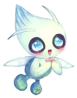 ambiguous_gender blue_eyes blush holding_object insect_wings open_mouth open_smile simple_background smile solo wings zuyu nintendo pokemon celebi generation_2_pokemon legendary_pokemon pokemon_(species) 2015 hi_res signature