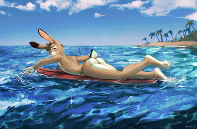 4_toes anthro beach blush butt clothed clothing feet fingers fur hair jewelry looking_at_viewer lying male necklace nipples on_back outside plant plantigrade sea smile solo surfboard surfer swimwear tail toes topless topless_anthro topless_male tree water flaich chase_d._bunnee lagomorph leporid mammal rabbit 2025 digital_media_(artwork) hi_res