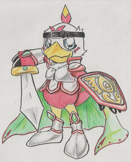 anthro armor blue_eyes cape clothing knight male melee_weapon shield solo sword warrior weapon tabasukotrr bandai_namco digimon digimon_(species) hawkmon traditional_media_(artwork)