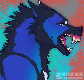 abstract_background ambiguous_gender angry black_body black_fur black_nose blue_body blue_eyes blue_fur cheek_tuft ear_piercing ears_back facial_tuft fangs feral fur neck_tuft open_mouth piercing pivoted_ears side_view solo teeth text tuft rayliicious canid canine mammal 2023 artist_name bust_portrait dated portrait
