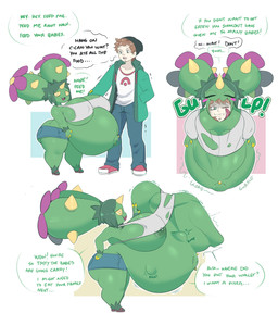 anthro areola belly big_belly big_breasts breasts dialogue duo female female_pred green_areola green_body green_nipples huge_belly huge_breasts human_prey nipples non-mammal_nipples overweight pregnant pregnant_anthro pregnant_female shortstack speech_bubble text vore dwps nintendo pokemon generation_5_pokemon human mammal maractus pokemon_(species) 2025 digital_media_(artwork) english_text hi_res