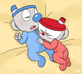 big_nose blue_nose blue_onesie clothing cosmicfarts daww duo eyes_closed for_a_head grey_body grey_skin handle male neonate onesie open_mouth red_nose red_onesie rosy_cheeks sippy_cup sleeping sleeping_together small_nose young young_humanoid young_male cuphead_(game) studio_mdhr cuphead_(character) mugman animate_inanimate humanoid object_head brother_(lore) brothers_(lore) sibling_(lore) twins_(lore)