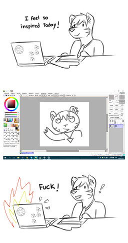 anthro computer drawing_tablet electronics laptop male profanity simple_background solo text white_background mytigertail paint_tool_sai_(copyright) gabe_(mytigertail) felid mammal pantherine tiger 2015 digital_media_(artwork) english_text paint_tool_sai_(artwork) sketch