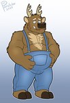 anthro body_hair chest_hair clothing hand_on_belly male overalls shirtless solo thick_thighs wide_hips thepandobo kent_(pacific_coyote) deer mammal 2023 hi_res