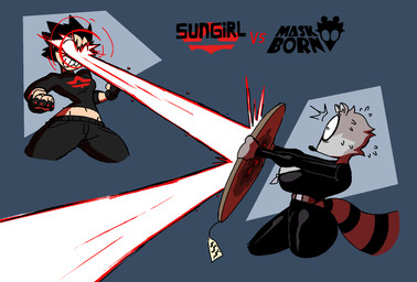 angry anthro big_breasts big_butt black_bodysuit black_clothing black_skinsuit blast blocking bodily_fluids bodysuit boots bottomwear breasts butt clothed clothing crop_top defending duo female female_anthro femme_fatale fingerless_gloves footwear fur gloves handwear laser laser_eyes logo markings nervous nervous_sweat panicked_look panicking pants pouch_(clothing) price_tag projectile_deflection raccoon_tail ring ring_(marking) ringed_tail shirt shoes side_view simple_background skinsuit small_breasts striped_markings striped_tail stripes sweat symbol tail tail_markings thief tight_clothing topwear diegutan uva_the_raccoon human mammal procyonid raccoon hi_res