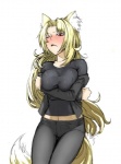animal_humanoid blonde_hair blush bottomwear canid canid_humanoid canine canine_humanoid clothed clothing dipstick_tail female fox fox_humanoid front_view frown fully_clothed fur hair hounan humanoid humanoid_hands inner_ear_fluff kasei long_hair mammal mammal_humanoid markings multicolored_tail one_eye_closed pants portrait red_eyes shirt simple_background solo tail tail_markings three-quarter_portrait topwear tuft white_background white_body white_fur wink yellow_body yellow_fur