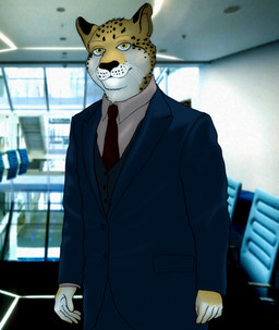 accessory anthro black_nose clothed clothing fully_clothed fur looking_at_viewer male markings multicolored_body multicolored_fur necktie office photo_background solo spots spotted_markings suit whiskers yellow_eyes fredryk_phox felid leopard mammal pantherine 2017 hi_res mixed_media photography_(artwork)