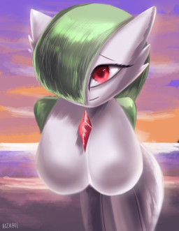 big_breasts breasts detailed_background female looking_at_viewer not_furry outside red_eyes smile solo sunset nozabii nintendo pokemon gardevoir generation_3_pokemon pokemon_(species) 2018 absurd_res hi_res
