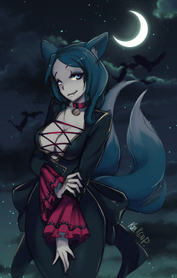 2_tails blue_eyes blue_hair breasts cleavage clothed clothing cloud collar detailed_background dress eyebrows eyelashes female fluffy fluffy_tail fully_clothed hair half-closed_eyes holidays inner_ear_fluff light looking_at_viewer moon moonlight multi_tail narrowed_eyes outside sky skyscape solo star tail text tuft krakenparty halloween animal_humanoid bat canid canid_humanoid canine canine_humanoid fox_humanoid humanoid mammal mammal_humanoid vampire 2019 english_text signature traditional_media_(artwork)