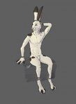 animal_genitalia anthro digitigrade feet fur fur_markings genitals hair hand_behind_head male markings multicolored_body multicolored_fur multicolored_toes sheath simple_background sitting solo toes drewzy_(artist) jet_(bomba) lagomorph leporid mammal rabbit 2018 hi_res