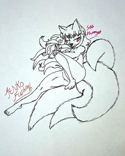 4_tails anthro feet female flowing_hair fur hair markings multi_tail nude pose red_markings simple_background smile solo tail text white_background white_body white_fur son_mango asian_mythology east_asian_mythology japanese_mythology mythology tamamo-chan's_a_fox tenko_fushimi canid canine fox mammal absurd_res hi_res traditional_media_(artwork)