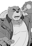 5_fingers anthro beverage_can clothing countershade_snout countershading fingernails fingers jacket looking_at_viewer male nails one_eye_closed pecs shirt snout solo teeth topwear kakukaku morenatsu juuichi_mikazuki bear black_bear mammal moon_bear ursine 2024 absurd_res black_and_white hi_res monochrome