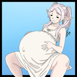 5_fingers bare_shoulders belly belly_rub big_belly border clothing dress ear_piercing female fingers gradient_background humanoid_pointy_ears navel navel_outline outie_navel piercing pointy_ears pregnant pregnant_female pregnant_humanoid simple_background solo spread_legs spreading fungus-man wickedatlas frieren_beyond_journey's_end frieren elf humanoid absurd_res digital_drawing_(artwork) digital_media_(artwork) hi_res