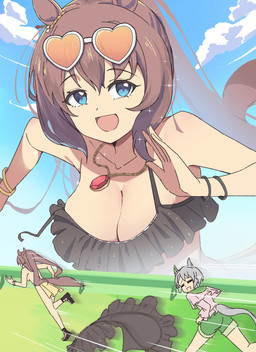 accident accidental_exposure animal_ears animal_tail big_breasts black_clothing black_swimwear blue_eyes bottomwear bracelet breasts brown_hair cleavage clothed clothing cloud duo ear_accessory eyelashes eyewear eyewear_on_head female front_view green_bottomwear green_clothing green_shorts grey_clothing grey_hair grey_topwear hair heart_sunglasses jewelry long_hair necklace open_mouth open_smile parody running shorts sky smile sunglasses sunglasses_on_head swimwear tan_body tan_skin topless topwear wardrobe_malfunction naisu_(nai_su01) cygames uma_musume_pretty_derby maruzensky_(pretty_derby) seiun_sky_(pretty_derby) humanoid absurd_res hi_res