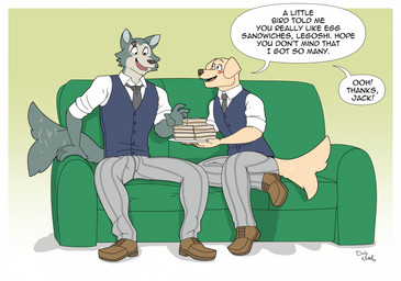 accessory anthro blush bottomwear clothed clothing collared_shirt dialogue dress_shirt duo facial_scar fluffy fluffy_tail food footwear fully_clothed furniture holding_food holding_object holding_plate looking_at_another male male/male necktie pants plate rolled_up_sleeves sandwich_(food) scar shirt shoes sitting smile sofa speech_bubble tail tail_motion tailwag text topwear vest duly_noted beastars jack_(beastars) legoshi_(beastars) bird_dog canid canine canis domestic_dog hunting_dog labrador mammal retriever wolf english_text hi_res