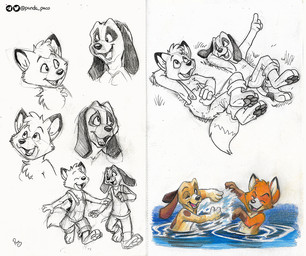 anthro barefoot bottomwear brown_markings clothed clothing duo eyes_closed feet floppy_ears fur gloves_(marking) grass hand_behind_head hand_on_belly happy head_tuft looking_up lying male markings nude on_back one_eye_closed open_mouth open_smile orange_body orange_fur overalls pants plant smile splash tan_body tan_fur topwear tuft water young young_anthro young_male pandapaco canid canine canis domestic_dog fox mammal sketch_page
