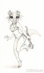 bottomwear bra breasts clothing female horn loincloth looking_at_viewer midriff non-mammal_breasts on_one_leg plantigrade smile solo standing underwear coonkun kobold scalie greyscale monochrome sketch