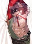 abs anthro clothing fur male mongolian mongolian_clothing muscular muscular_anthro muscular_male pecs solo tattoo white_body white_fur ohayashi55 lifewonders tokyo_afterschool_summoners temujin_(tas) canid canine canis mammal wolf 2019