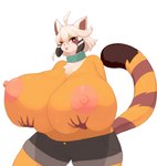 anthro big_breasts blep breasts clothed clothing female holding_breast huge_breasts hyper hyper_breasts one_eye_closed simple_background solo tongue tongue_out topless white_background wink inake kiki_(low_res_art) ailurid mammal red_panda absurd_res hi_res